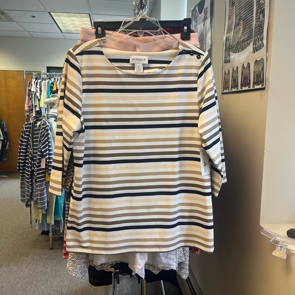 Peck & Peck Women's Striped Long Sleeve Top - Black, Gray, and White